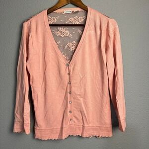 Harve Benard XL‎ Pink Lace Back Cardigan Rhinestone Button Front Soft Romantic